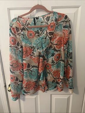 new directions Floral Ruffle V-Neck Blouse - Coral, Teal & Cream